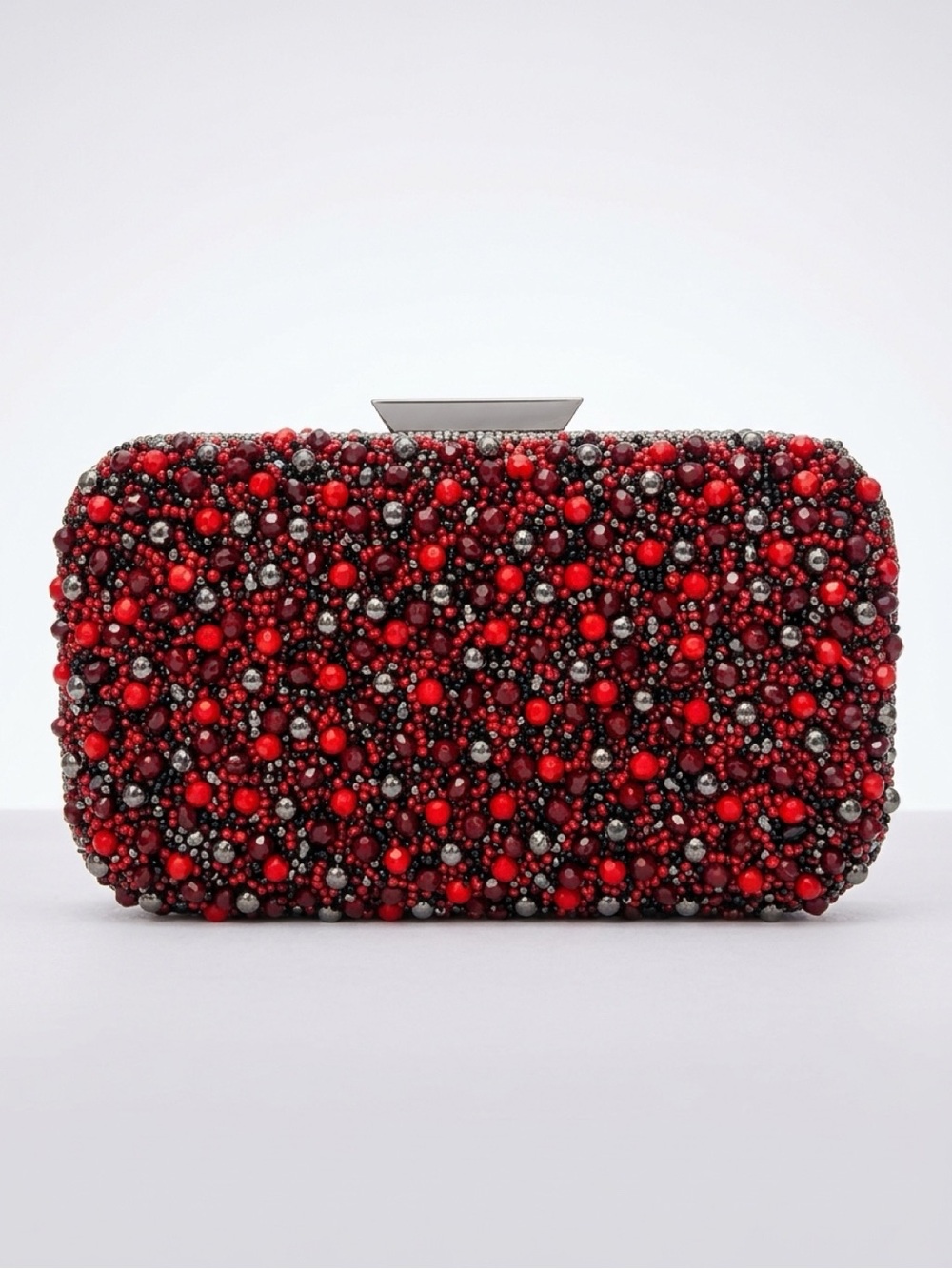 Zara Beaded Silver Frame Evening Clutch, Red/gunmetal, never worn